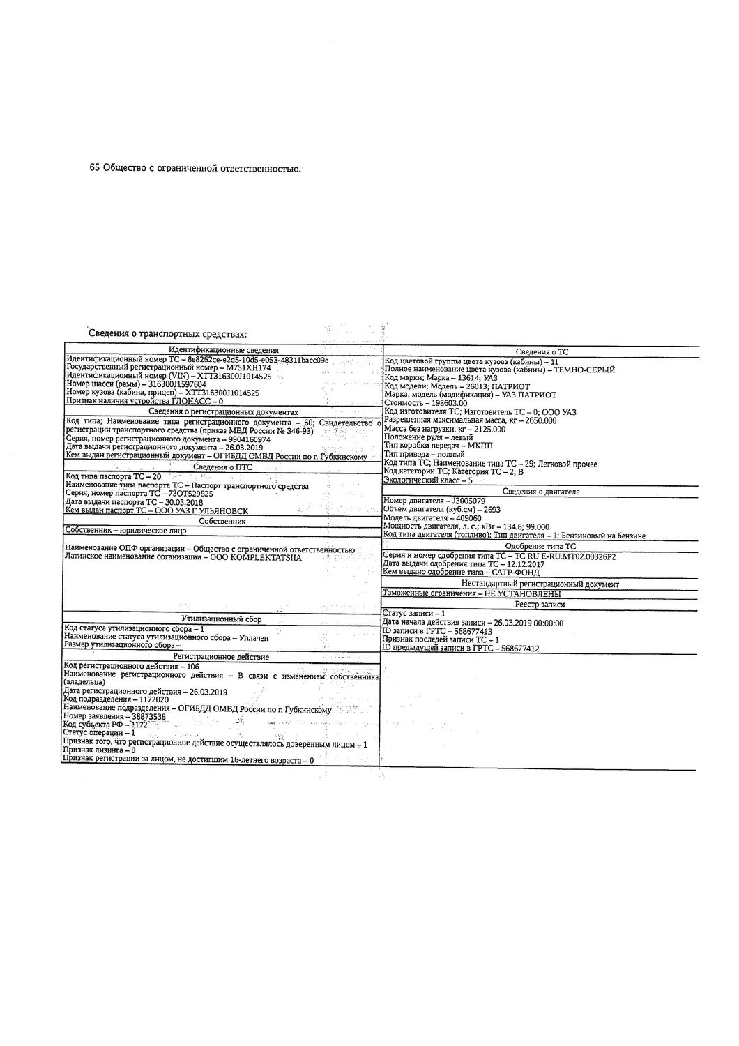 Транспортное средство, легковой прочее УАЗ ПАТРИОТ, 2018 г.в., г/н М751ХН174, V…