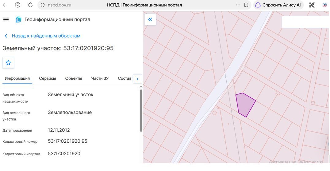 Земельный участок с кадастровым номером 53:17:0201920:95