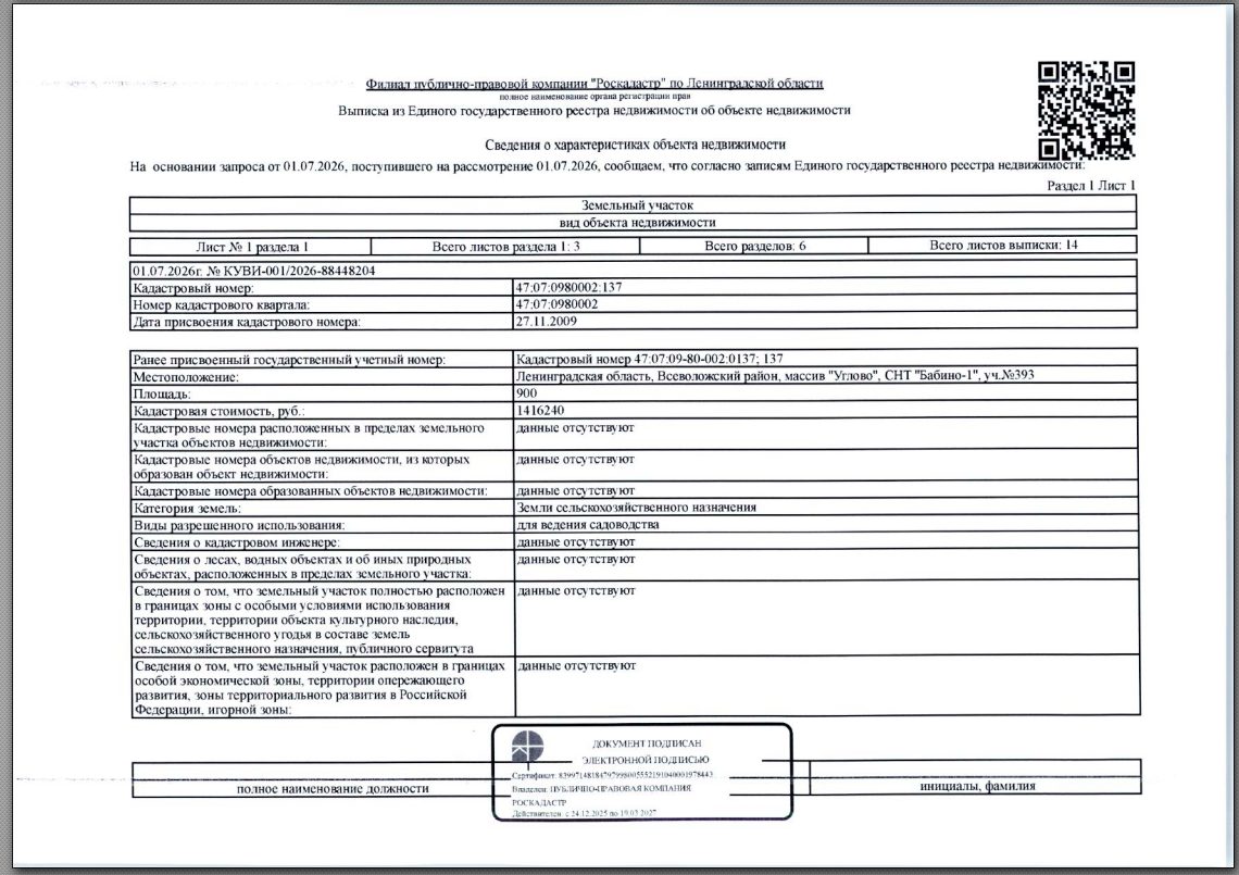 Земельный участок общей пл. 900 кв.м, кадастровый номер 47:07:0980002:137 (Земл…