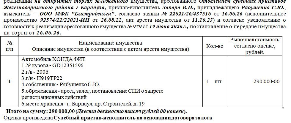 Лот№5 Автомобиль ХОНДА ФИТ № кузова - GD12351596г/в – 2006 г/н - Н919ТР22. Нач.…