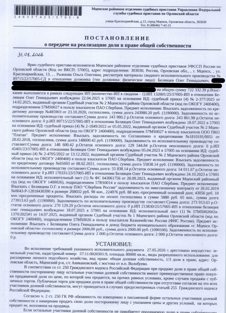 1/3 доли в праве общей долевой собственности на земельный участок, к.н. 57:11:0…