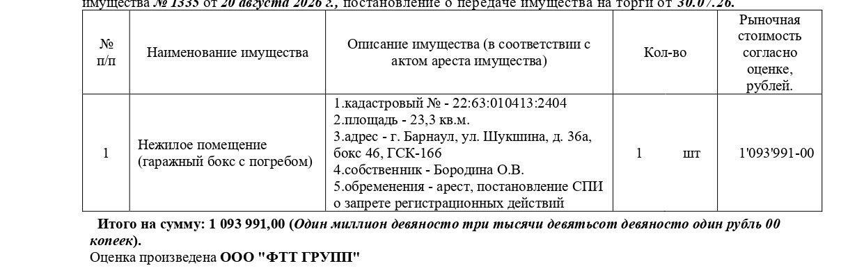 Нежилое помещение (гаражный бокс с погребом), подземный этаж, кадастровый № 22:…