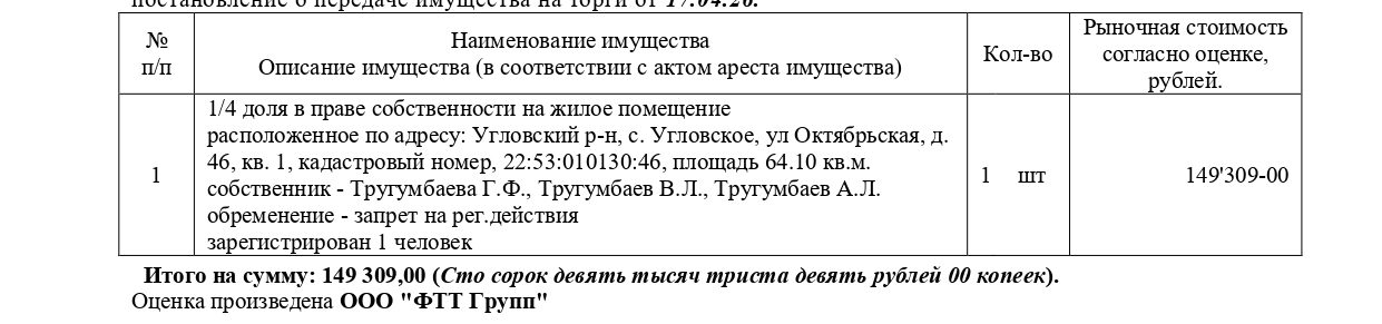 1/4 доля в праве собственности на жилое помещение, кадастровый № 22:53:010130:4…