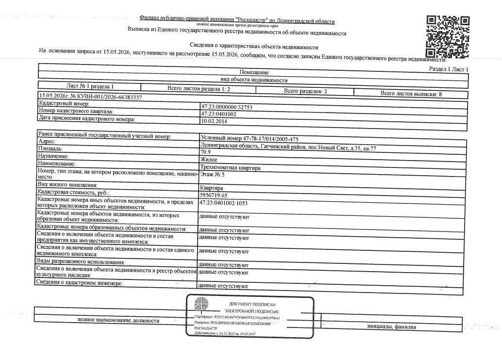 1/3 доли в квартире общей пл. 70.9 кв.м., Кадастровый номер 47:23:0000000:32753…