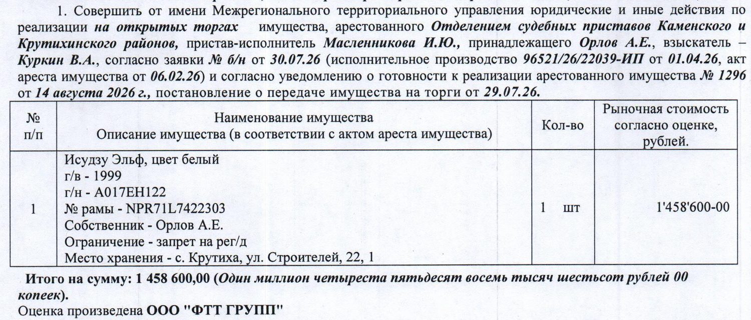 Лот№5 Грузовой автомобиль Исудзу Эльф, фургон, 1999 г.в., г/н А017ЕН122, номер …