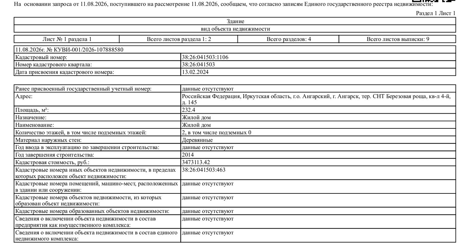Жилое здание площадью 232,4 кв. м, кадастровый номер 38:26:041503:1106; земельн…