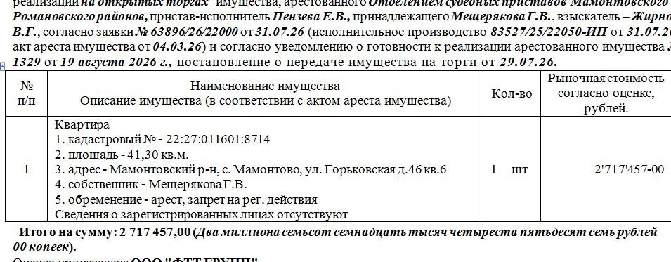 Лот№6 Квартира кадастровый № - 22:27:011601:8714 площадь - 41,30 кв.м. адрес - …