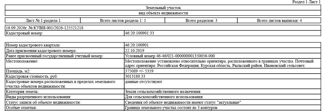 Земельный участок с кадастровым номером 46:20:100901:33