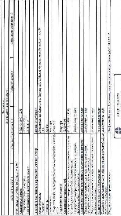 квартира общ. пл. 41,4 кв.м., кад. № 47:23:0419001:1255 по адресу: Ленинградска…