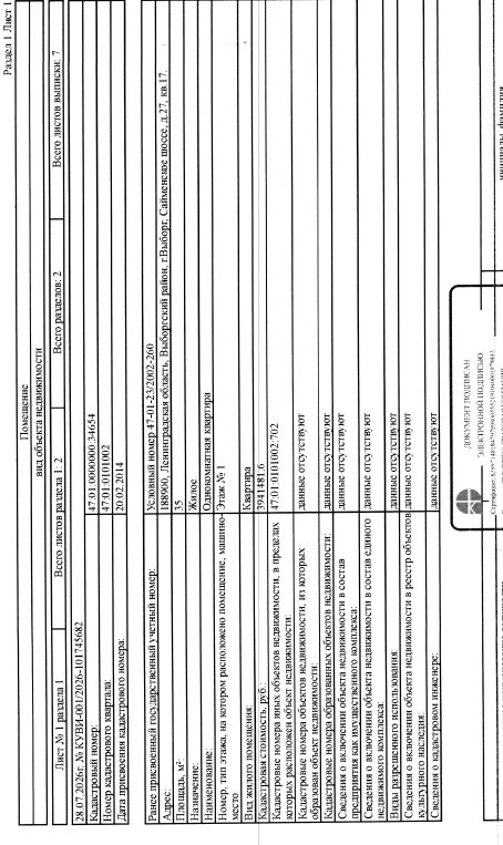 квартира общ. пл. 35 кв.м., кад. № 47:01:0000000:34654 по адресу: Ленинградская…