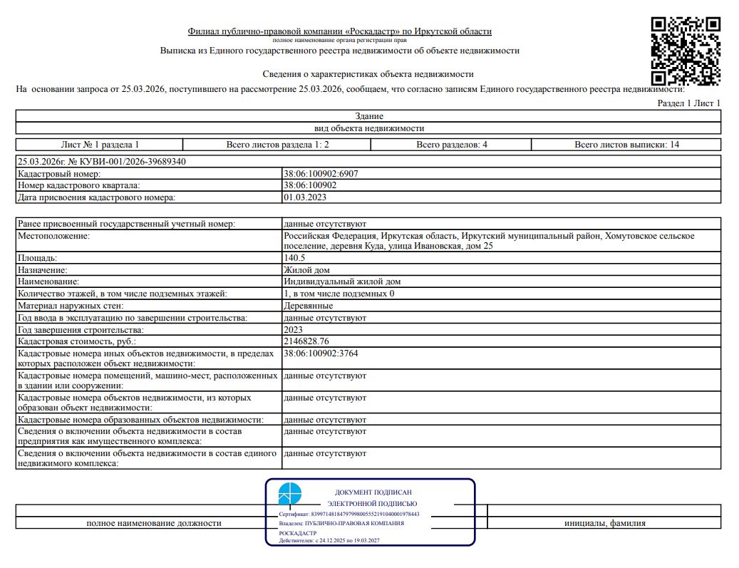 Жилой дом площадью 140,5 кв. м, кадастровый номер 38:06:100902:6907; земельный …