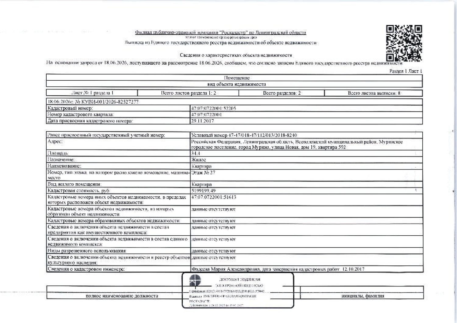 Квартира общей S 34,4 кв.м, кад. № 47:07:0722001:52205, расположенная по адресу…