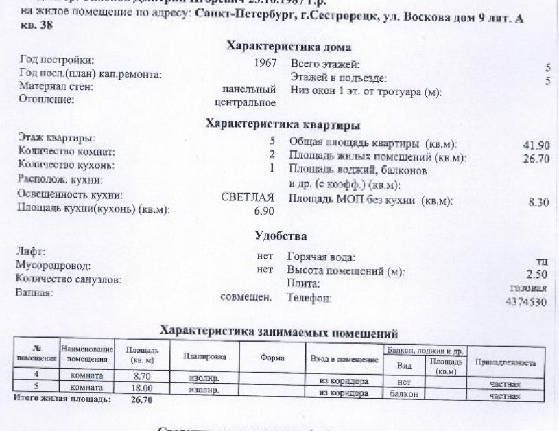 квартира общ. пл. 41,9 кв.м. кад.№ 78:38:0011113:3071 по адресу: Санкт-Петербур…