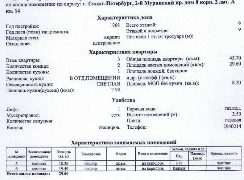 квартира общ. пл. 45,9 кв.м. кад.№ 78:36:0005353:3346 по адресу: Санкт-Петербур…