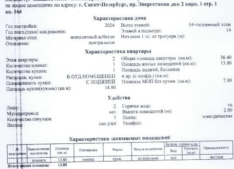 квартира общ. пл. 36,4 кв.м. кад.№ 78:11:0601702:3395 по адресу: Санкт-Петербур…