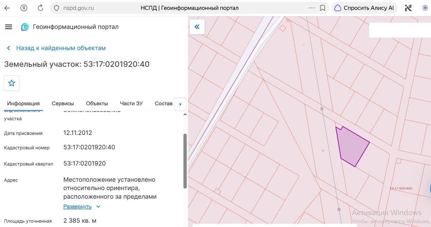 Земельный участок с кадастровым номером 53:17:0201920:40