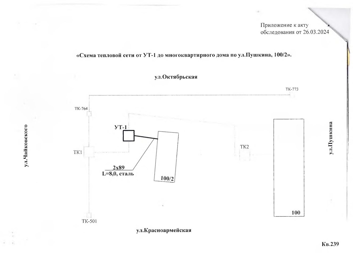 Тепловая сеть в квартале 239 от УТ-1 до МКД по ул. Пушкина, д. 100/2, балансово…